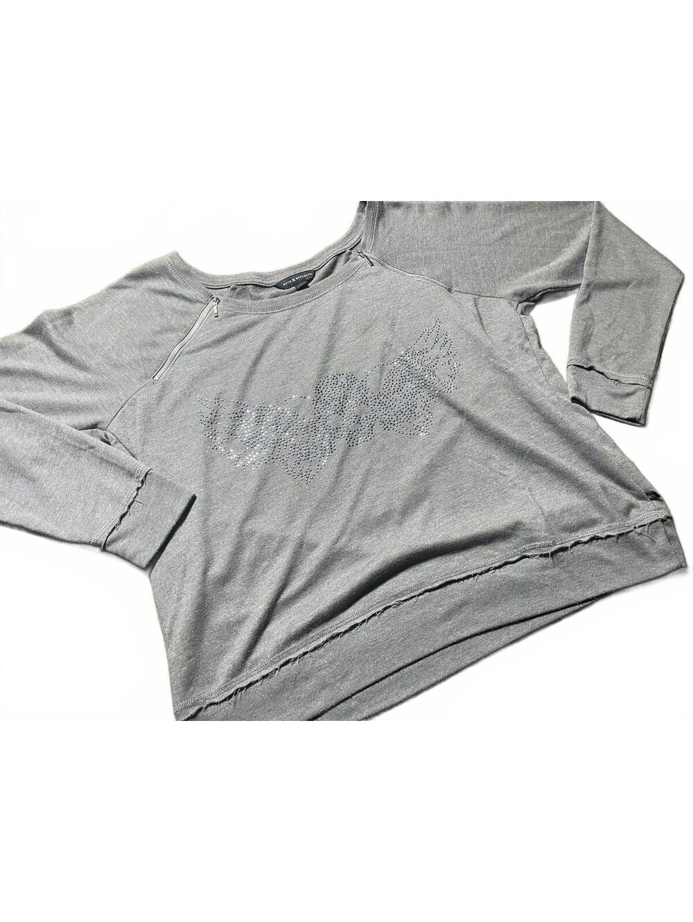 Rock & Republic Skull Wings Gem Embellished Gray Fringe Sweater Women's XL- 060